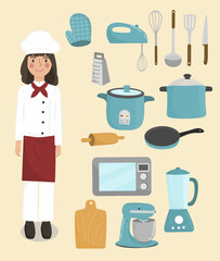 Chef and kitchen equipment illustration , cooking utensils 