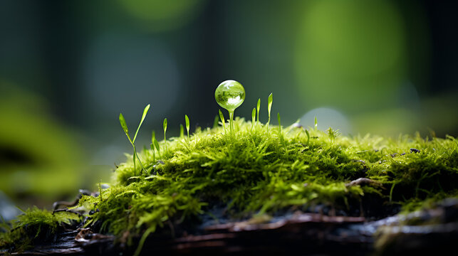 Life Emerges. Sprouting Seed on Mossy Leaves Background. Nature's Miracle Unfolding. Captivating Growth Amidst Earthy Beauty, A seeds growing from the green moss in the forest, Water drop on nature 
