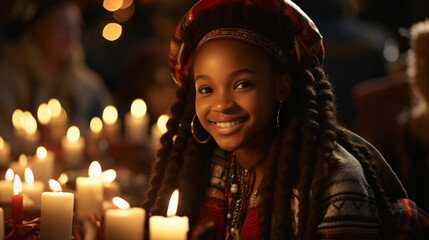 Fototapeta premium Kwanzaa Celebration, A girl immersed in the nightlife and festive atmosphere. Generative AI