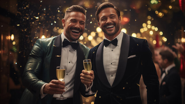 Portrait of two men holding a glass of champagne during New Year's party