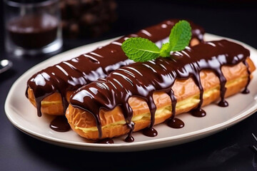Two eclairs covered in dark chocolate with custard inside