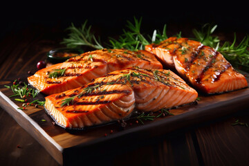 Grilled salmon fish steak served on wooden background. Roasted salmon pieces - healthy food, keto diet concept