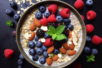 Paleo style breakfast: gluten free and oat free muesli made with nuts, dried berries and fruits, top view