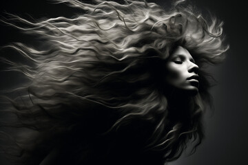 black and white portrait of a woman, hair blowing in the wind