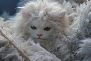 close up of a cat inside of a fluffy blanket, white kitten, cozy fluff, kitty cat