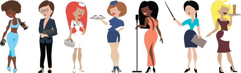 Professions. Collection of popular professions. Women. Fitness trainer, business lady, doctor, flight attendant, singer, waitress, teacher. Illustration on a transparent background. 