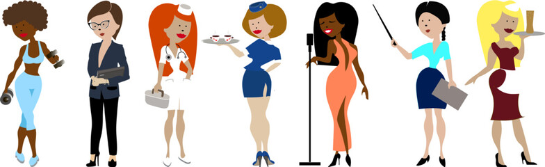 Professions. Collection of popular professions. Women. Fitness trainer, business lady, doctor, flight attendant, singer, waitress, teacher. Illustration on a transparent background. Vector..