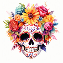 Human scull decorated with floral crown