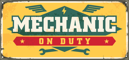Mechanic on duty retro sign design concept for car service and garage. Auto repair vintage poster idea. Transportation vector illustration.