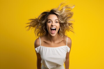 background yellow isolated upside hanging excited happy jumping woman blonde young Beautiful action active adult air attractive blond casual attire caucasian cheerful cool curly hair down energy - obrazy, fototapety, plakaty