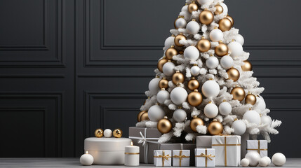 White Christmas Tree Decorated with White and Golden Balls, Gifts Boxes on Empty Studio Room Background. Copy Space. Studio Light Shot. New Year or Christmas Festive Background Banner.