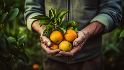 hand of farmer or gardener holding beautiful fresh oranges in the garden or field, organic product from farmer