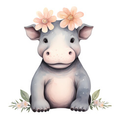 Naklejka premium Cute Hippo And Flowers Watercolor Clipart Illustration