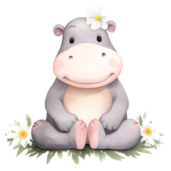 Naklejka premium Cute Hippo And Flowers Watercolor Clipart Illustration