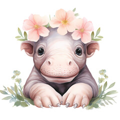 Cute Hippo And Flowers Watercolor Clipart Illustration