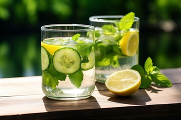 Lemonade with cucumber, lemon, mint and ginger in glass cups on a wooden surface