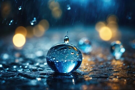 A blue froplet of water hitting the ground in the pouring rain