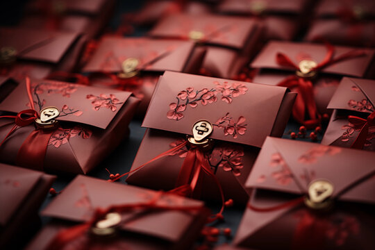 few neatly arranged traditional red envelopes, emphasizing the significance of giving and receiving blessings during Chinese New Year in a minimalistic style, cinematic photo
