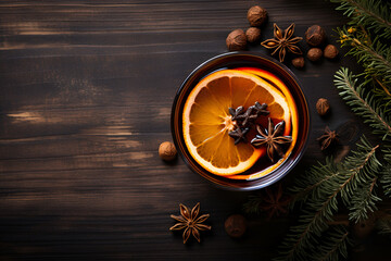 Glasses of delicious mulled red wine and ingredients on rustic wooden background. Top view