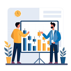 Two businessman analyze graph illustration. marketing business vector.