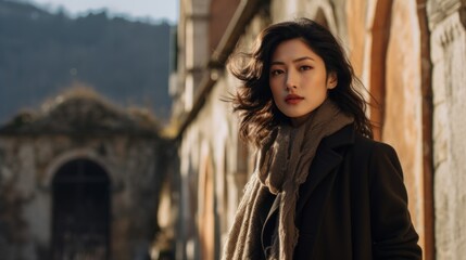 Fototapeta premium beautiful picturesque old europe ruin architecture stylish young profile view japanese woman poses with confidence and grace stylish costume cloth dress travel alone woman carefree in autumn season