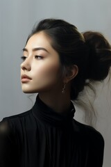 Fototapeta premium portrait profile view headshot of beautiful asian woman stylish makeup studio lighting setup healthy skincare and cosmetic beauty concept