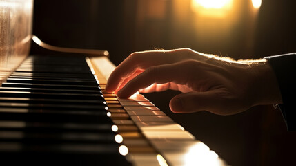 Hand playing piano. Closeup. Beautifull light and composition. Elegant piano playing - obrazy, fototapety, plakaty