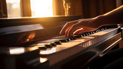 Hand playing piano. Closeup. Beautifull light and composition. Elegant piano playing - obrazy, fototapety, plakaty