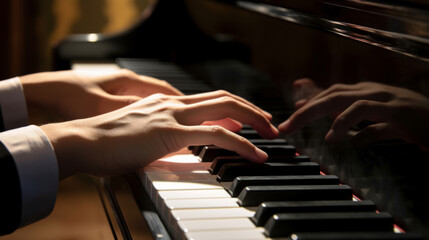 Fototapeta na wymiar Hand playing piano. Closeup. Beautifull light and composition. Elegant piano playing
