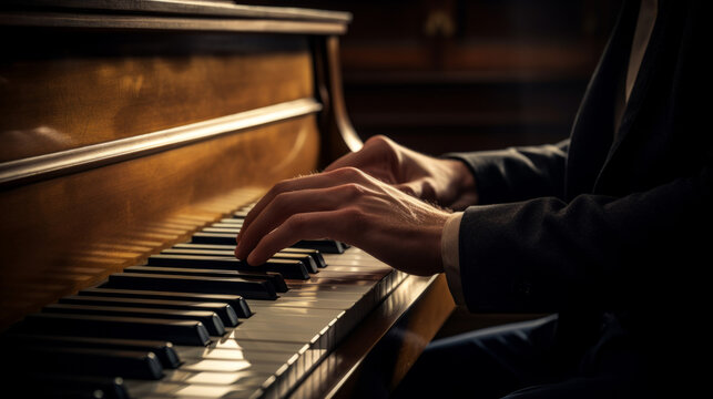 Hand playing piano. Closeup. Beautifull light and composition. Elegant piano playing