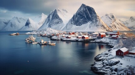 The landscape of a Norwegian town in winter. Fjerds, cabins, north. The beauties of northern life. Travelling. 
