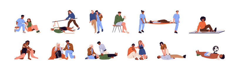 First aid people set. Different emergency help accident victims with injuries. Person with bandage on stretcher. CPR, rescue techniques from heart attack. Flat isolated vector illustration on white