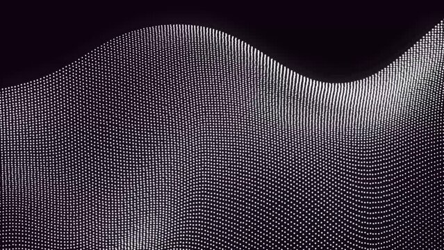 On a black background, a halftone gradient curve shape with flowing dots and particles forms a wave pattern.