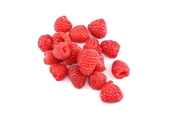 Heap of raspberries on white background.