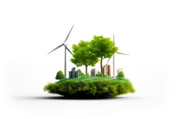 Wind energy, wind turbines, wind power station isolated on transparent background, PNG file. 