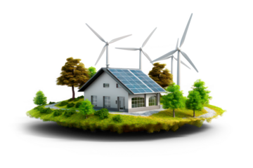 Wind and solar energy, wind turbines, wind power station and solar station isolated on transparent background, PNG file.  Concept of alternative and renewable green energy. 