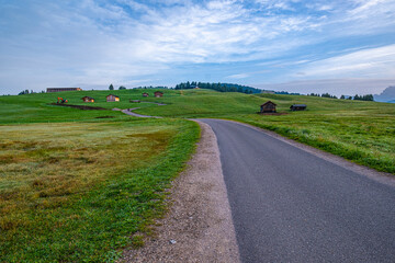 Morning vista, A winding road guides through green meadows, adorned with charming huts
