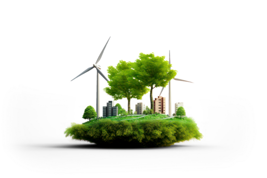 Wind energy, wind turbines, wind power station isolated on transparent background, PNG file. 