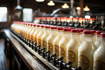A row of fresh milk bottles lined up on a wooden shelf, ready for sale at a local market.
