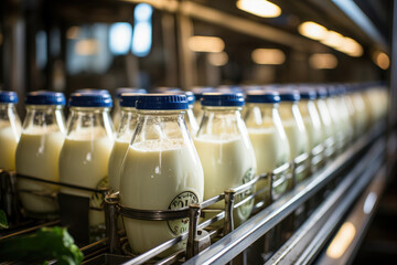Rows of fresh milk bottles on a conveyor belt in a dairy factory, showcasing food production and packaging.