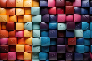 Abstract geometric pattern of colorful squares forming a 3D mosaic texture, perfect for modern design backgrounds.