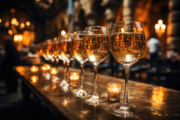 Elegant wine glasses lined up on a bar, with a warm, inviting glow in the background, perfect for social events and celebrations. - obrazy, fototapety, plakaty