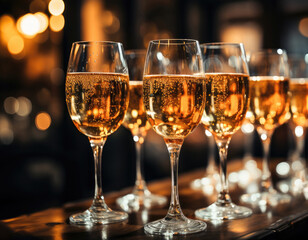 Elegant champagne glasses filled with sparkling wine, arranged for a festive celebration or a special occasion.