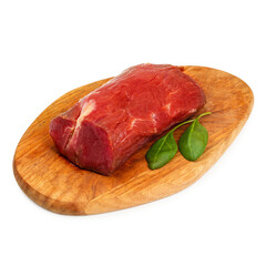 Horse meat fresh on a wooden board, on a white background, isolated