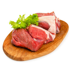 Lamb boneless meat fresh on a wooden board, on a white background, isolated