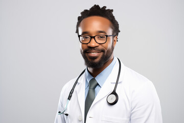 Portrait of African American smiling glasses doctor posing on gray studio background, free space. General practitioner.Generative AI