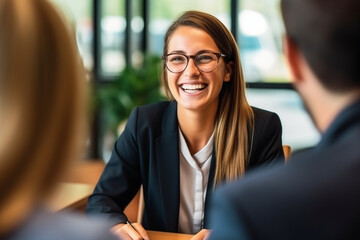 Businesswoman in Job Interview: Recruitment Meeting with Smiling HR Managers - obrazy, fototapety, plakaty