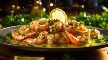 Plate of shrimp scampi sauteed in butter and garlic - Powered by Adobe