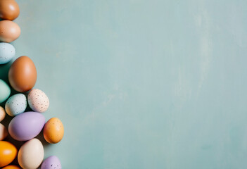 Happy Easter decoration background, painted colorful eggs, negative copy space