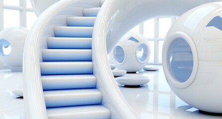 Fototapeta premium Futuristic White and Blue Curved Architecture with Spherical Pods and Illuminated Interior Design